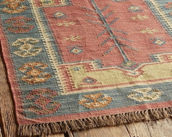 Tappeto Kilim di lana e iuta intrecciato a mano: Rajasthani Dhurrie