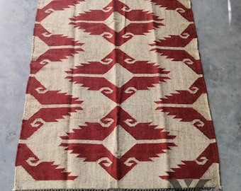Handmade Wool Jute Kilim Rug: Geometric Rajasthani Dhurrie