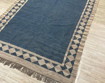 Handwoven Blue Jute Rug, Boho Flatweave Area Rug
