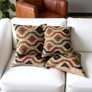 Handwoven Kilim Pillow Covers - Turkish Moroccan Jute & Wool - Set of 4