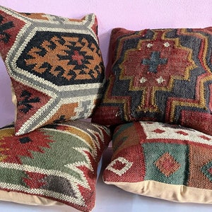 4 Set of jute Vintage Kilim Pillow Cover,Home Decor,Handwoven Turkish Pillow,Moroccan Pillow,Decorative Throw Pillow, Kilim Cushion Cover image 5