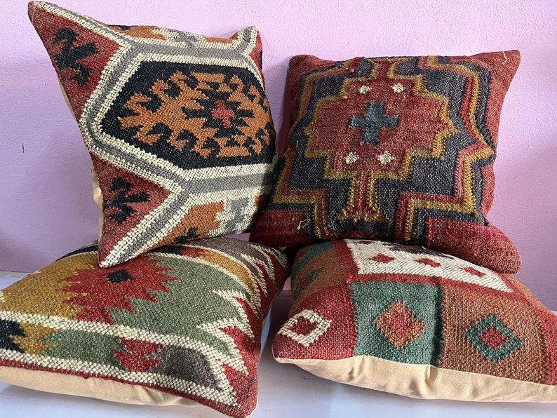 4 Set of jute Vintage Kilim Pillow Cover,Home Decor,Handwoven Turkish Pillow,Moroccan Pillow,Decorative Throw Pillow, Kilim Cushion Cover image 5