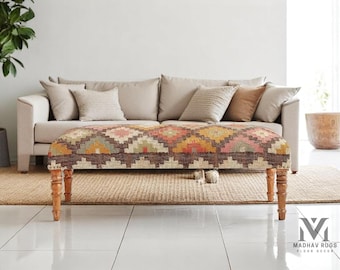 Handmade Kilim Bench Ottoman Wool Jute Rug Entryway Furniture Piano Seat Home Décor Accent