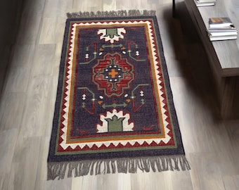 Handwoven Tribal Wool Area Rug | Navy Blue Geometric Kilim Rug | Southwestern Boho Carpet | Rustic Farmhouse Home Decor