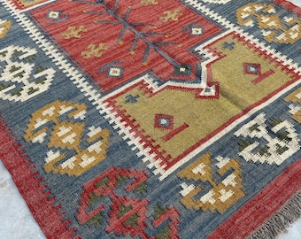 Handwoven Wool Jute Kilim Rug, Tribal Area Rug, Southwestern Flatweave Carpet, Boho Geometric Rug, Farmhouse Living Room Decor