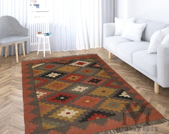 Alfombra Kilim tejida a mano / Alfombra geométrica tribal de tejido plano / Alfombra bohemia del suroeste / Decoración étnica vintage para el hogar