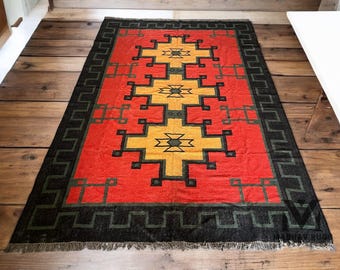 Vintage Kilim Rug, Kilim Rug, Handwoven Wool Jute Rug, Bohemian Indian Jute Rug, Moroccan Rug, Boho Jute Rug Kilim Rug Geometric