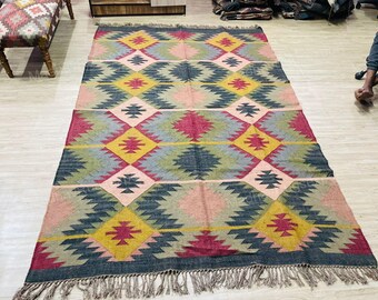 Colorful Kilim Area Rug, Handwoven Tribal Geometric Rug, Boho Vintage Flat Weave Carpet, Southwestern Wool Rug