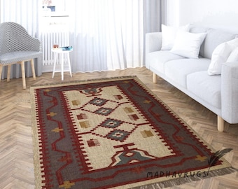 Handwoven Tribal Wool Area Rug | Beige Rust Geometric Kilim Rug | Boho Southwestern Carpet | Rustic Farmhouse Decor