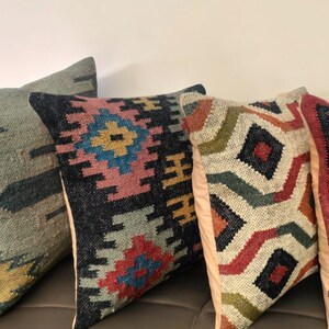 Set of 4 Handwoven Jute Kilim Pillow Covers: Turkish Moroccan Home Decor