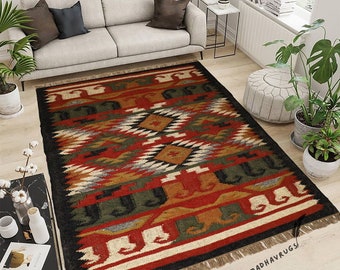 Tappeto Kilim in lana e iuta fatto a mano: Dhurrie tessuto indiano