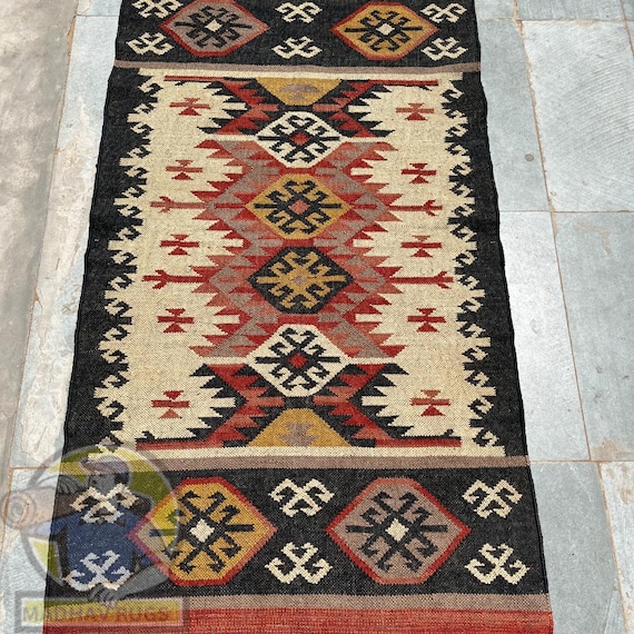 Southwestern Runner Rug: Red Geometric Tribal Hallway Carpet  Southwestern Red and Black Geometric Wool Rug Runner display picture 1