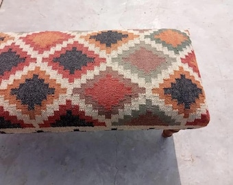 Handwoven Kilim Bench Cushion Cover, Wool Jute Seat, Boho Geometric Upholstery Fabric