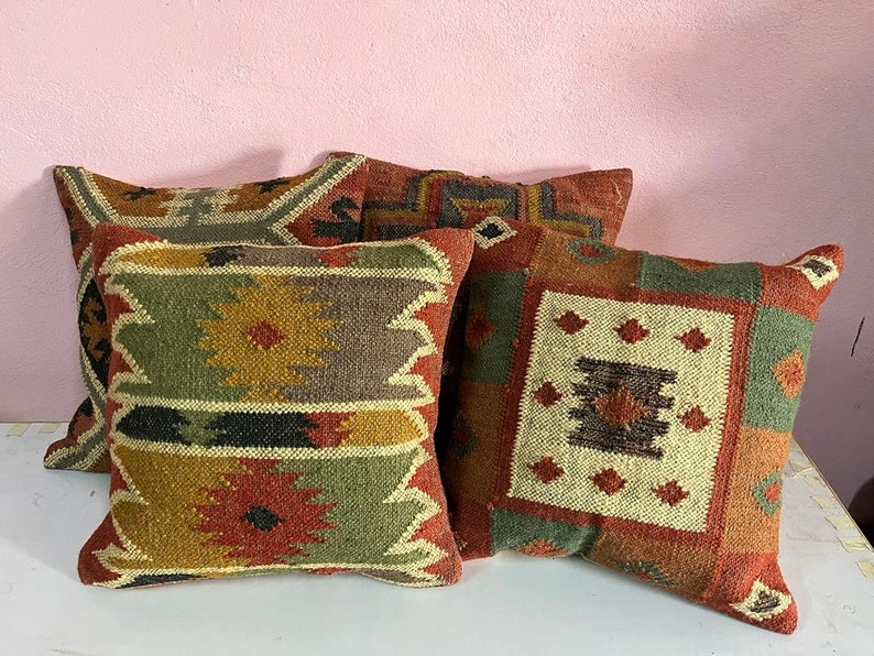 4 Set of jute Vintage Kilim Pillow Cover,Home Decor,Handwoven Turkish Pillow,Moroccan Pillow,Decorative Throw Pillow, Kilim Cushion Cover image 3