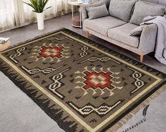 Tribal Southwestern Area Rug, Aztec Boho Rug, Handmade Geometric Carpet, Rustic Western Living Room Rug