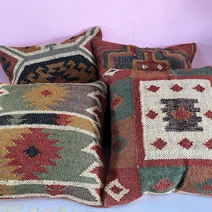 4 Set of jute Vintage Kilim Pillow Cover,Home Decor,Handwoven Turkish Pillow,Moroccan Pillow,Decorative Throw Pillow, Kilim Cushion Cover image 7