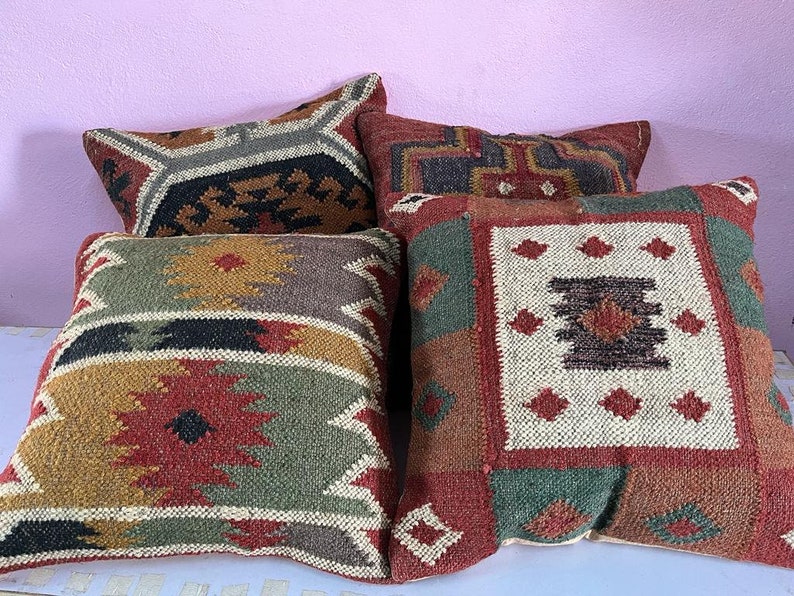 4 Set of jute Vintage Kilim Pillow Cover,Home Decor,Handwoven Turkish Pillow,Moroccan Pillow,Decorative Throw Pillow, Kilim Cushion Cover image 7