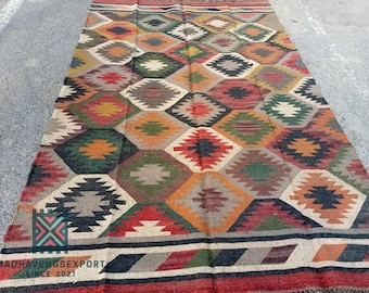 Tapis fait main multicolore en laine et jute fait main, tapis Kilim Dhurrie, tapis indiens traditionnels/laine et jute
