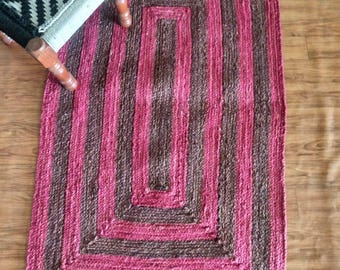 Pink Brown Jute Braided Rug, Handwoven Boho Farmhouse Carpet