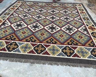 Large Kilim Area Rug Handwoven Wool Carpet Tribal Geometric Rug Boho Farmhouse Rug Southwestern Flatweave Living Room Rug Vintage Style