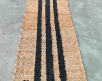 Handmade hemp Jute Runner Rug with Black Stripes | Natural Woven Hallway Runner | Farmhouse Jute Carpet | Boho Rustic Floor Decor
