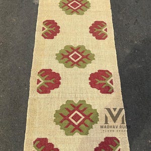 Handwoven Wool Jute Kilim Runner: Traditional Indian Rug