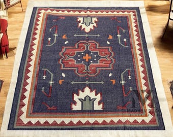 Handgeweven wollen jute kilim tapijt, blauw tribaal vloerkleed, platgeweven tapijt in zuidwestelijke stijl, boho boerderijtapijt, geometrische woonkamerdecoratie