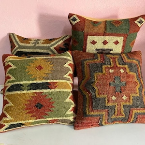 4 Set di fodera per cuscino Kilim vintage in iuta, decorazioni per la casa, cuscino turco tessuto a mano, cuscino marocchino, cuscino decorativo, fodera per cuscino Kilim immagine 1