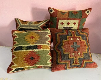 Lot de 4 housses de coussin kilim vintage en jute, décoration d'intérieur, oreiller turc tissé à la main, oreiller marocain, coussin décoratif, housse de coussin kilim