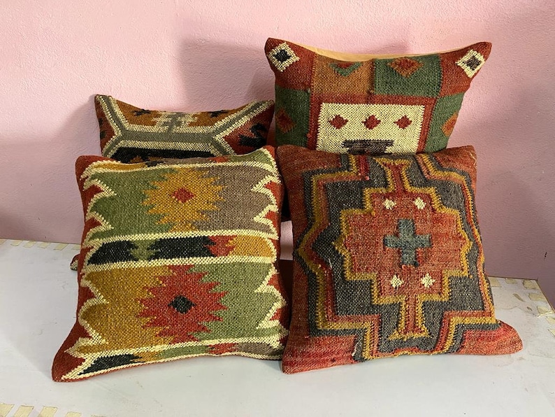 4 Set di fodera per cuscino Kilim vintage in iuta, decorazioni per la casa, cuscino turco tessuto a mano, cuscino marocchino, cuscino decorativo, fodera per cuscino Kilim immagine 1