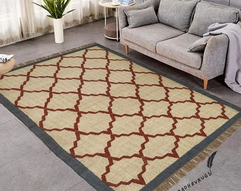 Boho Moroccan Jute Rug, Diamond Pattern Area Rug, Handmade Natural Fiber Carpet, Farmhouse Living Room Rug