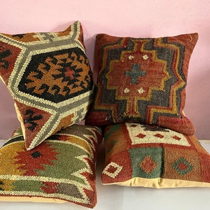 4 Set of jute Vintage Kilim Pillow Cover,Home Decor,Handwoven Turkish Pillow,Moroccan Pillow,Decorative Throw Pillow, Kilim Cushion Cover image 6