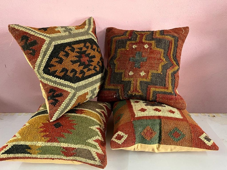 4 Set of jute Vintage Kilim Pillow Cover,Home Decor,Handwoven Turkish Pillow,Moroccan Pillow,Decorative Throw Pillow, Kilim Cushion Cover image 6