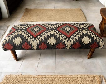 Handmade Kilim Bench: Wool Jute Entryway Ottoman
