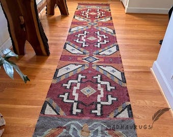 Tribal Kilim Runner Rug, Handwoven Geometric Hallway Runner, Boho Southwestern Flat Weave Rug, Rustic Entryway Carpet
