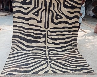 Handmade Zebra Kilim Rug: Wool Jute Blend, Flatweave Rug, Bohemian Rug, Indian Dhurrie Rug, Navajo Kilim Rug, Custom Rug, Aztec Rug