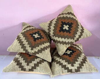 Set of 4 Jute Kilim Pillow Covers: Geometric Bohemian Cushion (18x18 Inch)