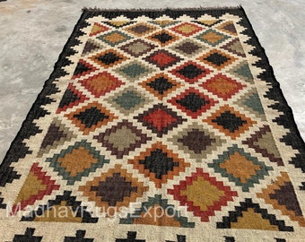 Boho Kilim Area Rug, Colorful Tribal Geometric Rug, Handwoven Southwestern Rug, Vintage Style Flat Weave Carpet, Bohemian Living Room Decor