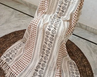 Hand Block Printed Cotton Throw Blanket with Tassels – Boho Mudcloth Style Sofa Cover