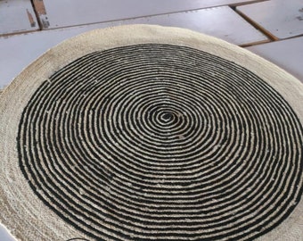 Tapis rond en jute naturel et noir tressé à la main, tapis rond en jute à motif oeuf, tapis boho en jute rond