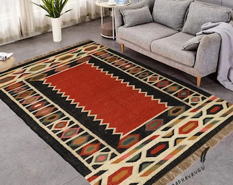 Southwestern Aztec Area Rug, Tribal Boho Rug, Handmade Geometric Jute Rug, Navajo Style Rustic Carpet, Western Living Room Decor