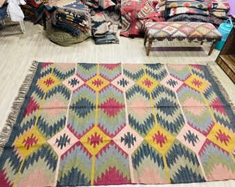 Tapis kilim en laine et jute, tapis en laine de jute de salon, tapis en laine et jute à tissage plat Bowen, tapis en jute et laine, tapis en laine et jute