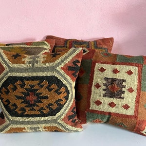 4 Set of jute Vintage Kilim Pillow Cover,Home Decor,Handwoven Turkish Pillow,Moroccan Pillow,Decorative Throw Pillow, Kilim Cushion Cover image 4