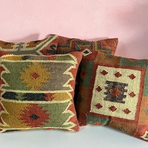 4 Set di fodera per cuscino Kilim vintage in iuta, decorazioni per la casa, cuscino turco tessuto a mano, cuscino marocchino, cuscino decorativo, fodera per cuscino Kilim immagine 2