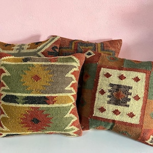 Lot de 4 housses de coussin kilim vintage en jute, décoration d'intérieur, oreiller turc tissé à la main, oreiller marocain, coussin décoratif, housse de coussin kilim image 2