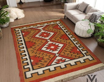 Handwoven Wool Jute Kilim Rug - Flatweave Bohemian Dhurrie Navajo Style Custom Rug