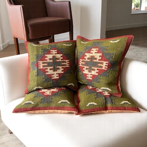 Handwoven Kilim Pillow Covers - Turkish Moroccan Jute & Wool - Set of 4