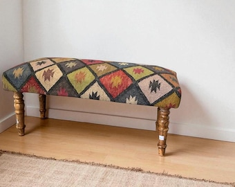Handmade Kilim Bench: Wool Jute Entryway Ottoman, Wooden Legs