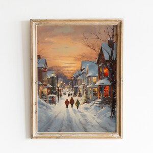 Vintage Christmas Town Oil Painting: Rustic Winter Landscape (Digital Download)