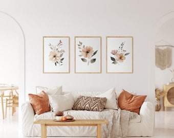 Láminas de arte botánico lineal: Decoración de pared floral en tonos beige (Descarga digital)
